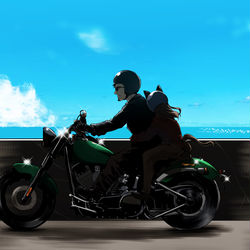 This is a pixiv picture whose title is キングとトレーナーの海沿いツーリング.
