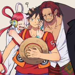 This is a pixiv picture whose title is 赤髪親子サンド.