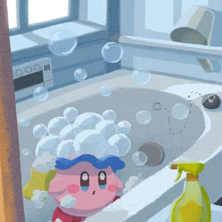 This is a pixiv picture whose title is バブルカービィのお風呂掃除.