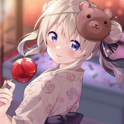 This is a pixiv picture whose title is 「りんご飴、食べる？」.