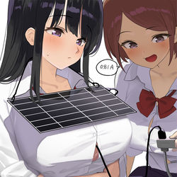 This is a pixiv picture whose title is おっぱいの上にソーラーパネルを置いて電力を得る太陽光おっぱい発電.