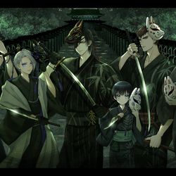 This is a pixiv picture whose title is 軽装長船と狐面.