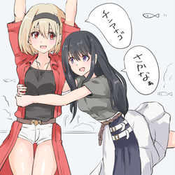This is a pixiv picture whose title is さかなのフリをしてチンアナゴの千束に抱きつくたきな.