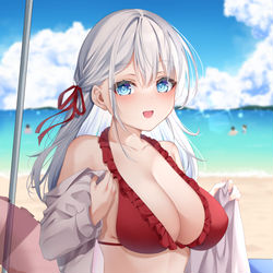 This is a pixiv picture whose title is 「ほら！早く脱いで！！海入ろう…！！！」.