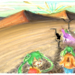 This is a pixiv picture whose title is 【毎月30日配信！】初音ミクinナミブ砂漠（砂の惑星？）.