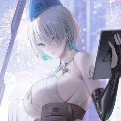 This is a pixiv picture whose title is 「指揮官のせいで…業務に集中できません。」.