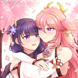 This is a pixiv picture whose title is Ei & Yae Miko.