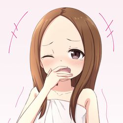 This is a pixiv picture whose title is バスタオル1枚で西片をからかって爆笑してる高木さん.