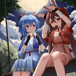 This is a pixiv picture whose title is 汉服版胡桃和甘雨.