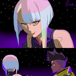 This is a pixiv picture whose title is David & Lucy Cyberpunk: Edgerunn.