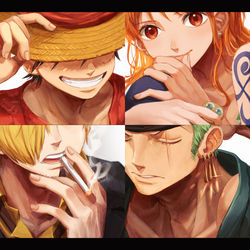 This is a pixiv picture whose title is 麦わらとタトゥーとタバコとピアス.