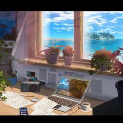 This is a pixiv picture whose title is 江ノ島の見える書斎.