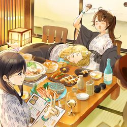 This is a pixiv picture whose title is 温泉旅行に行ってお酒を楽しむ女子大生3人組.