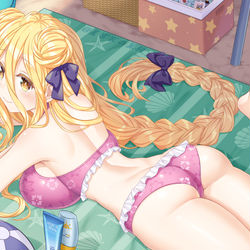 This is a pixiv picture whose title is 「主様！むくの背中にサンオイルを塗ってくれぬかの？」.