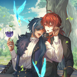 This is a pixiv picture whose title is 红蓝野餐贴贴.