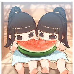 This is a pixiv picture whose title is かぶりつくふたご.