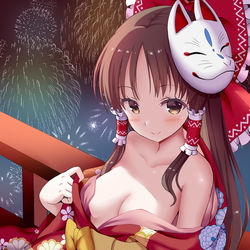 This is a pixiv picture whose title is 人気のない場所で着物霊夢さんと逢引き.