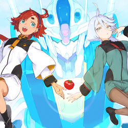 This is a pixiv picture whose title is タヌキとキツネとガンダムとトマト.