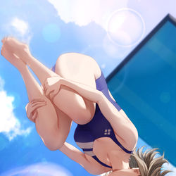 This is a pixiv picture whose title is 前逆さ宙返り3回半抱え型.