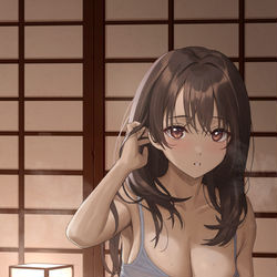This is a pixiv picture whose title is 蒸し暑くて眠れない夜、従姉妹と目が合った.