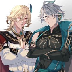 This is a pixiv picture whose title is 天才建築家カーヴェ先輩と後輩のアルハイゼン書記官.