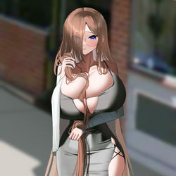 This is a pixiv picture whose title is 髪で谷間を隠す女.