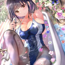 This is a pixiv picture whose title is 水着が小さい水泳部コーチ⑭　生徒達の妄想グラビア.