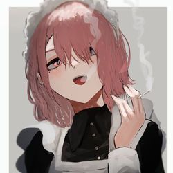 This is a pixiv picture whose title is ヤニカス泣きぼくろピアスメカクレ後輩メイドちゃん.