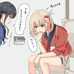This is a pixiv picture whose title is 鍵が開いていたのでトイレが長い千束を催促するたきな.