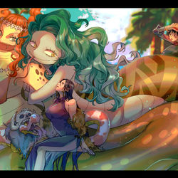 This is a pixiv picture whose title is ゴルゴン三姉妹とルフィ.