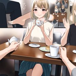 This is a pixiv picture whose title is 賑わうカフェでこっそり太ももの内側を足先でカリカリしてくる元カノ.