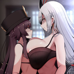 This is a pixiv picture whose title is Hu Tao vs Shenhe.