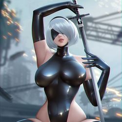 This is a pixiv picture whose title is Nier_2B Latex suit.
