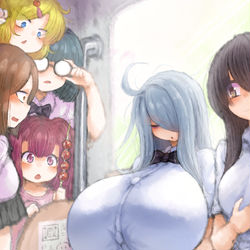 This is a pixiv picture whose title is 在车上被女孩子们围观的寐.