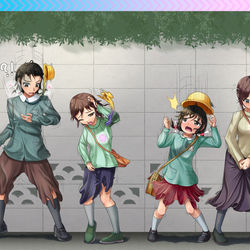 This is a pixiv picture whose title is 通園中の父親と息子が娘と母親に変えられる年齢逆転TSシークエンス.