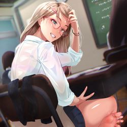 This is a pixiv picture whose title is 授業中だけ眼鏡かけるギャルがなんかアピールしてくる.