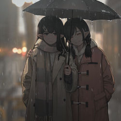 This is a pixiv picture whose title is 下雨天共用耳机的好姐妹.