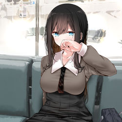 This is a pixiv picture whose title is 通勤中にぱんつを見せてくる黒髪むっちりJK.