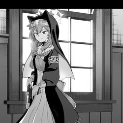 This is a pixiv picture whose title is 修道服とゴツい銃のギャップすき.