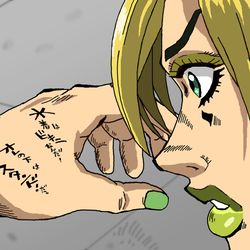 This is a pixiv picture whose title is 手に書いた覚えのない文字が書かれている徐倫ちゃん.