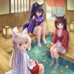 This is a pixiv picture whose title is 3人娘とまったり足湯.