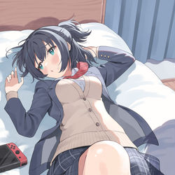 This is a pixiv picture whose title is 襲ってほしくて、わざとベッドに寝転んだ女の子.