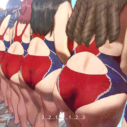 This is a pixiv picture whose title is 競泳水着で整列お姉さんの尻.