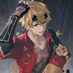 This is a pixiv picture whose title is 浑身湿透了，进去躲躲换件衣服吧别感冒了.