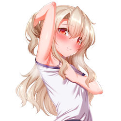 This is a pixiv picture whose title is 運動後のムレムレの腋見せてくれるパンツはみ出し体操服イリヤちゃん.