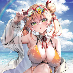 This is a pixiv picture whose title is 水着桃鈴ねねさん.