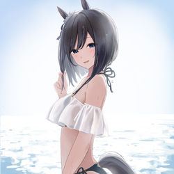This is a pixiv picture whose title is 朝日と水着フラッシュ.