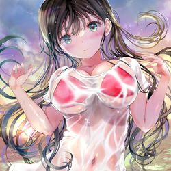 This is a pixiv picture whose title is 濡れ透けTシャツビキニ幼馴染みさん.