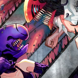 This is a pixiv picture whose title is 怪奇！電鋸男VS爆弾女.