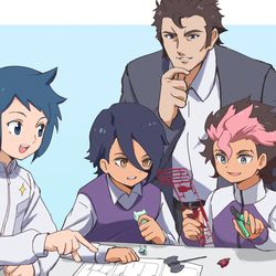This is a pixiv picture whose title is ガンプラを作る親子.